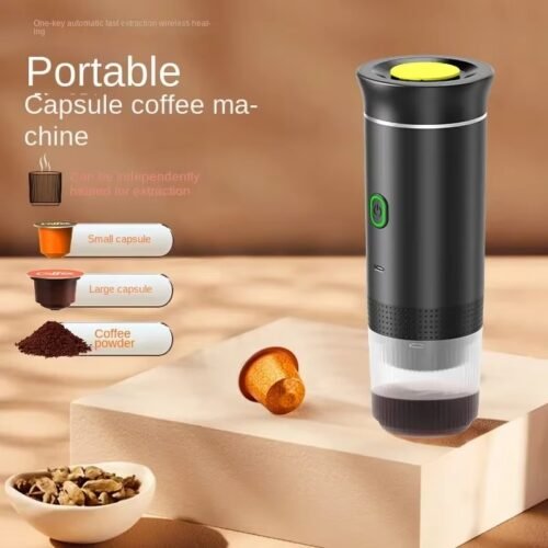 Portable electric espresso machine, rechargeable, USB-C, compatible with capsules and ground coffee, fast heating 92 degrees C, espresso extraction in 60s, black color