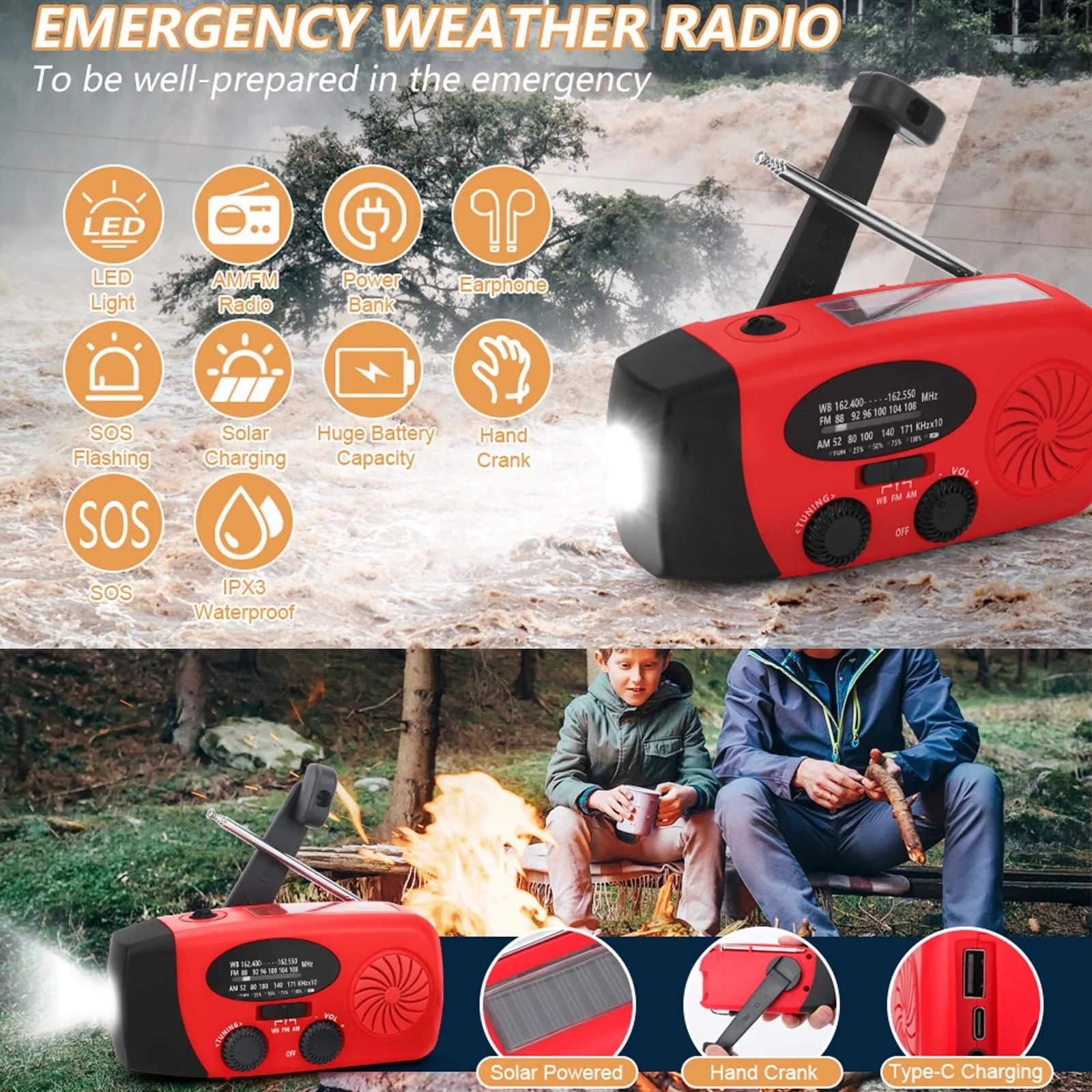 Portable Emergency Radio for Outdoor Camping, Solar Powered, Hand Operated, FM/AM/WB Emergency Weather Radio with Flashlight and USB Phone Charger, Red - Image 5