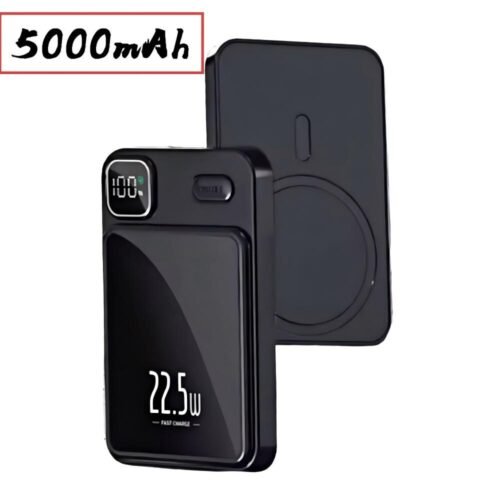 Magnetic External Power Bank, 5000mAh — Supports Wireless Charging (Black). Features a USB-C port, supports 22.5W fast charging and 15W wireless charging, includes a digital power display, and is lightweight and portable.