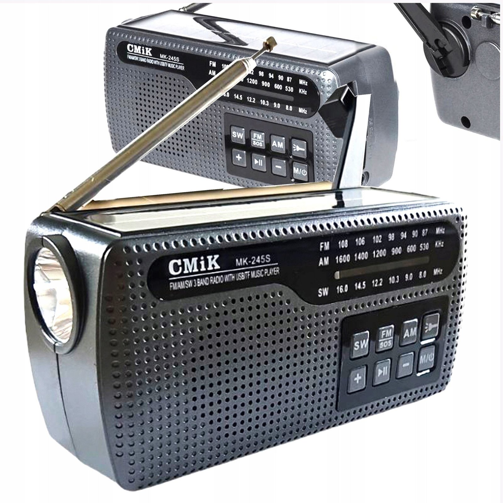 MK-245S portable camping radio, solar powered, rechargeable, with Bluetooth and USB ports, manual power generation, phone charging and built-in light, black - Image 9