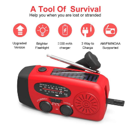 Portable Emergency Radio for Outdoor Camping, Solar Powered, Hand Operated, FM/AM/WB Emergency Weather Radio with Flashlight and USB Phone Charger, Red - Image 8