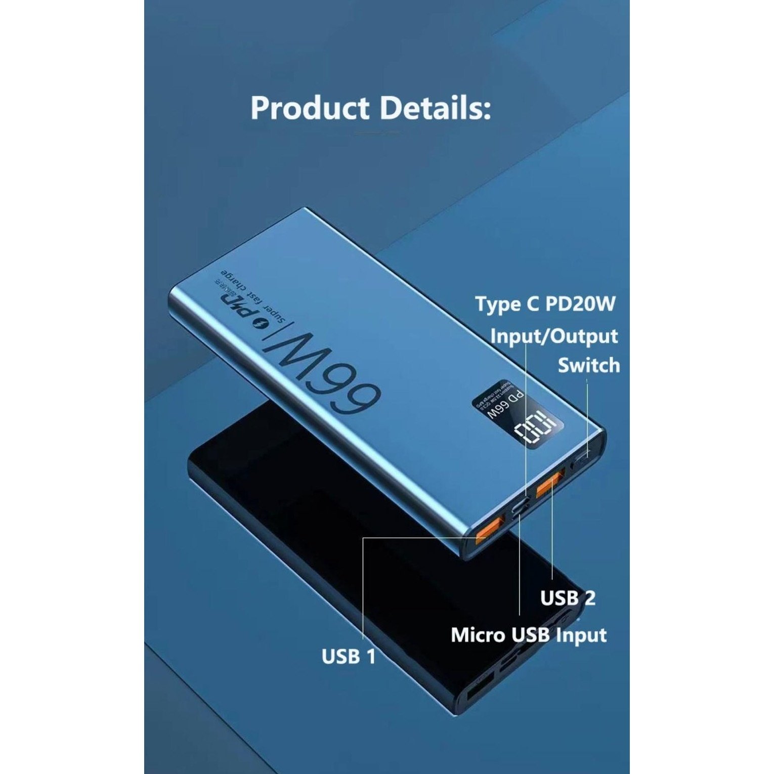 Ultra-Fast Charging Power Bank: 66W Output, Digital LED Display, 20,000mAh Capacity, Type-C Port, Micro USB Port - Image 2