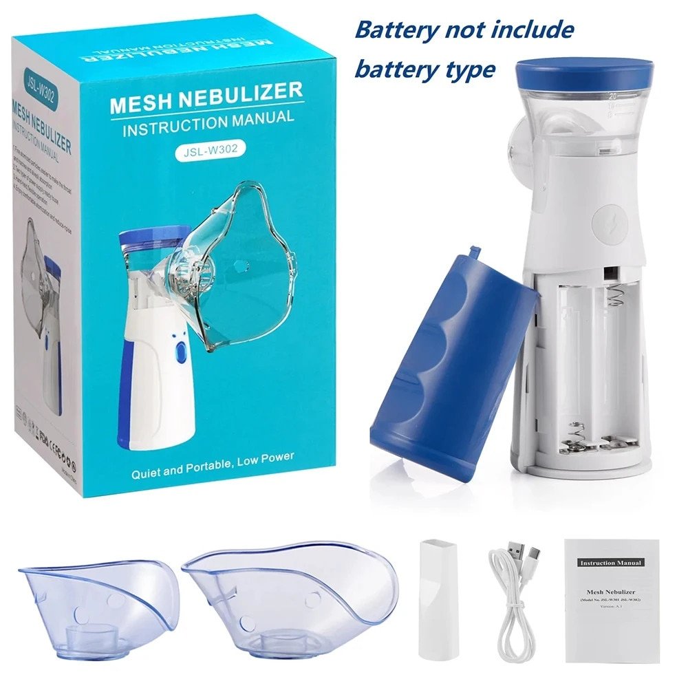 Portable Nebulizer (White and Blue), featuring mesh technology, includes masks for both adults and children. - Image 3