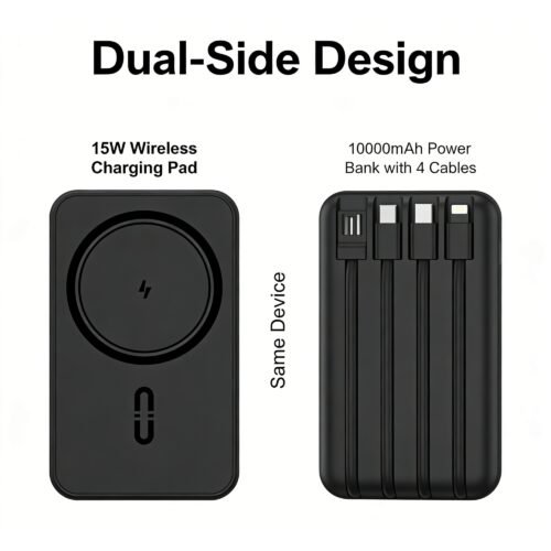 Wireless Portable Power Bank — Featuring a strong magnetic design and support for fast wireless charging, this compact and safe device serves as an ideal backup power source (Black).