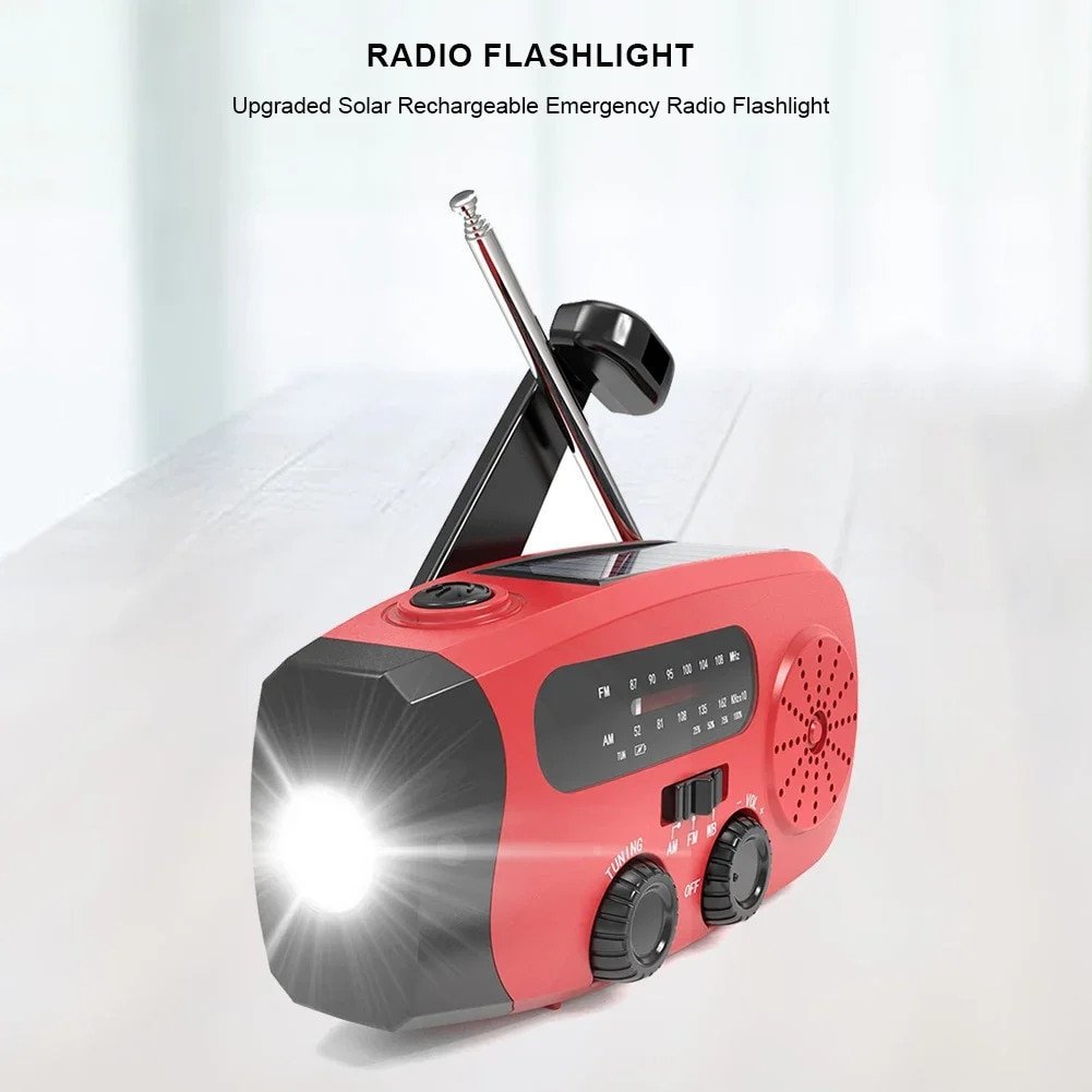 Portable Emergency Radio for Outdoor Camping, Solar Powered, Hand Operated, FM/AM/WB Emergency Weather Radio with Flashlight and USB Phone Charger, Red
