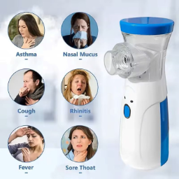 Portable Nebulizer (White and Blue), featuring mesh technology, includes masks for both adults and children. - Image 2