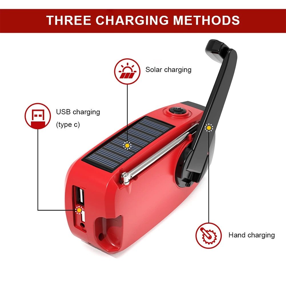 Portable Emergency Radio for Outdoor Camping, Solar Powered, Hand Operated, FM/AM/WB Emergency Weather Radio with Flashlight and USB Phone Charger, Red - Image 4