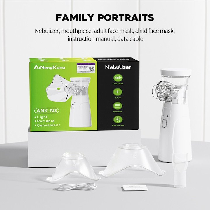 Mini Portable Ultrasonic Inhaler — Clinically Tested — Includes Batteries and Power Adapter — Mesh Technology — Adult and Child Masks — Ultra-Quiet — White