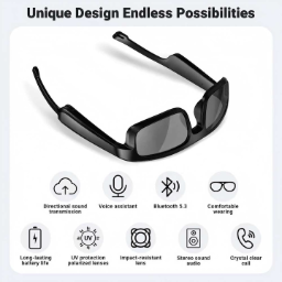 These smart glasses can be used for both making calls and playing music, featuring Bluetooth connectivity, polarized UV-protection lenses, and ultra-long battery life. - Image 4