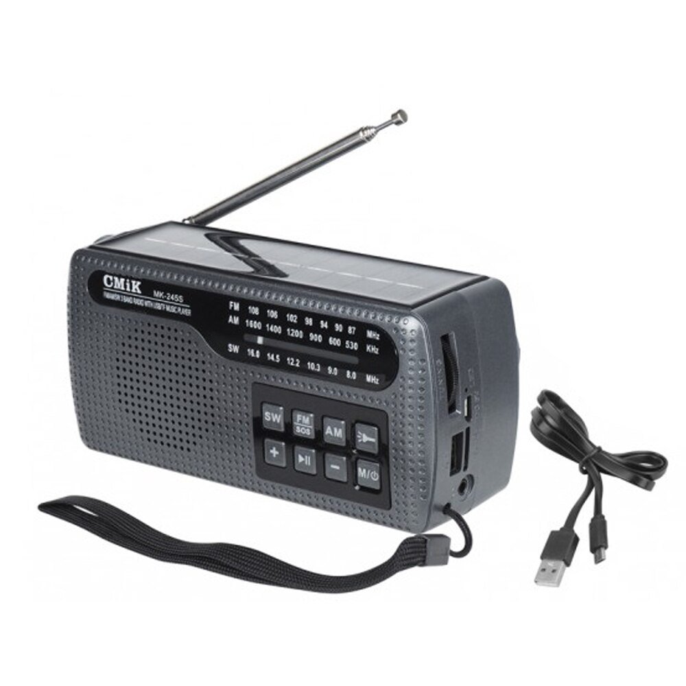 MK-245S portable camping radio, solar powered, rechargeable, with Bluetooth and USB ports, manual power generation, phone charging and built-in light, black - Image 8
