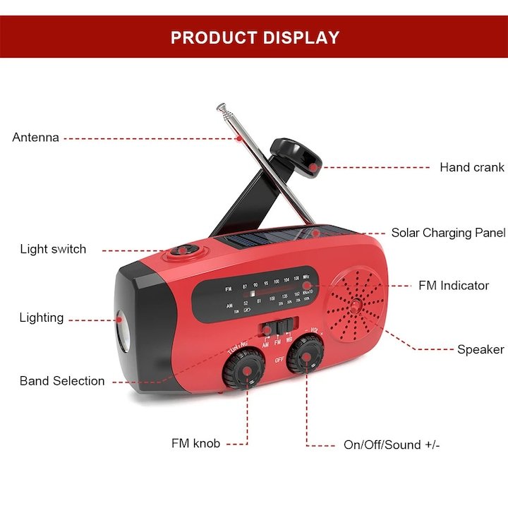 Portable Emergency Radio for Outdoor Camping, Solar Powered, Hand Operated, FM/AM/WB Emergency Weather Radio with Flashlight and USB Phone Charger, Red - Image 10