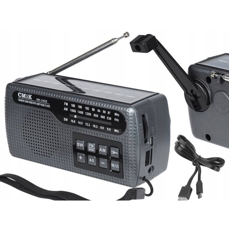 MK-245S portable camping radio, solar powered, rechargeable, with Bluetooth and USB ports, manual power generation, phone charging and built-in light, black