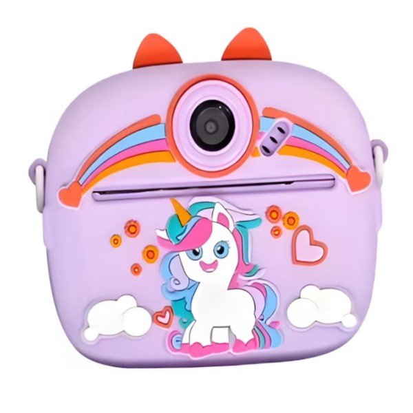 A children's camera featuring instant printing, 48MP HD resolution, 1080p video recording, a 2.4-inch screen, three built-in games, music playback, and a selfie function. It offers ink-free printing, comes with a protective silicone case, includes six colored markers, and includes a 32GB memory card—making it compact, portable, and of exceptional quality.