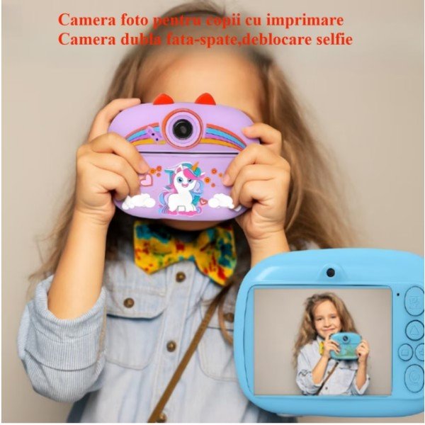 A children's camera featuring instant printing, 48MP HD resolution, 1080p video recording, a 2.4-inch screen, three built-in games, music playback, and a selfie function. It offers ink-free printing, comes with a protective silicone case, includes six colored markers, and includes a 32GB memory card—making it compact, portable, and of exceptional quality. - Image 2