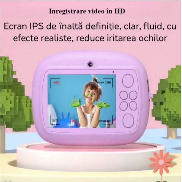 A children's camera featuring instant printing, 48MP HD resolution, 1080p video recording, a 2.4-inch screen, three built-in games, music playback, and a selfie function. It offers ink-free printing, comes with a protective silicone case, includes six colored markers, and includes a 32GB memory card—making it compact, portable, and of exceptional quality. - Image 3