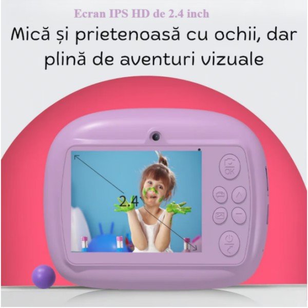 A children's camera featuring instant printing, 48MP HD resolution, 1080p video recording, a 2.4-inch screen, three built-in games, music playback, and a selfie function. It offers ink-free printing, comes with a protective silicone case, includes six colored markers, and includes a 32GB memory card—making it compact, portable, and of exceptional quality. - Image 4