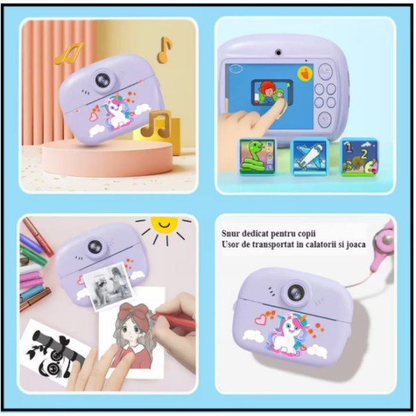 A children's camera featuring instant printing, 48MP HD resolution, 1080p video recording, a 2.4-inch screen, three built-in games, music playback, and a selfie function. It offers ink-free printing, comes with a protective silicone case, includes six colored markers, and includes a 32GB memory card—making it compact, portable, and of exceptional quality. - Image 5