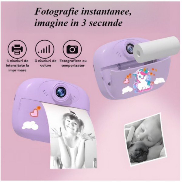 A children's camera featuring instant printing, 48MP HD resolution, 1080p video recording, a 2.4-inch screen, three built-in games, music playback, and a selfie function. It offers ink-free printing, comes with a protective silicone case, includes six colored markers, and includes a 32GB memory card—making it compact, portable, and of exceptional quality. - Image 6