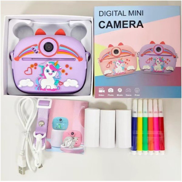 A children's camera featuring instant printing, 48MP HD resolution, 1080p video recording, a 2.4-inch screen, three built-in games, music playback, and a selfie function. It offers ink-free printing, comes with a protective silicone case, includes six colored markers, and includes a 32GB memory card—making it compact, portable, and of exceptional quality. - Image 7