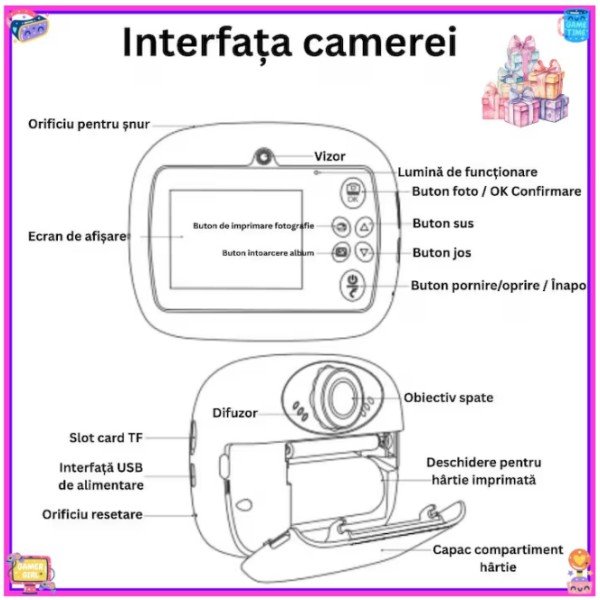 A children's camera featuring instant printing, 48MP HD resolution, 1080p video recording, a 2.4-inch screen, three built-in games, music playback, and a selfie function. It offers ink-free printing, comes with a protective silicone case, includes six colored markers, and includes a 32GB memory card—making it compact, portable, and of exceptional quality. - Image 9