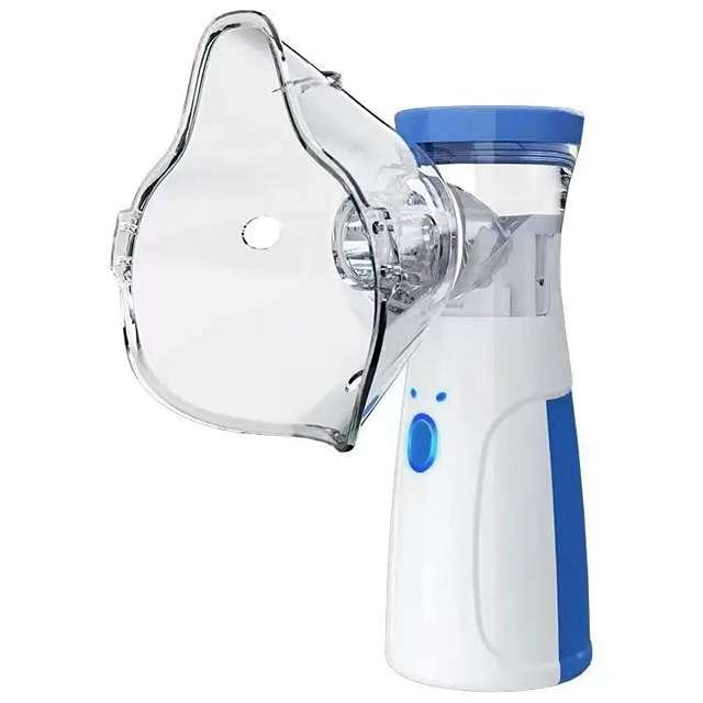 Portable Nebulizer (White and Blue), featuring mesh technology, includes masks for both adults and children.
