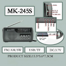 MK-245S portable camping radio, solar powered, rechargeable, with Bluetooth and USB ports, manual power generation, phone charging and built-in light, black - Image 6