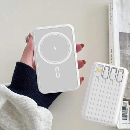 20,000mAh Dual-Sided Magnetic Wireless Power Bank (White) — Supports 15W Wireless Fast Charging, Features 4 Built-in Cables, and Serves as a Multifunctional Power Bank.