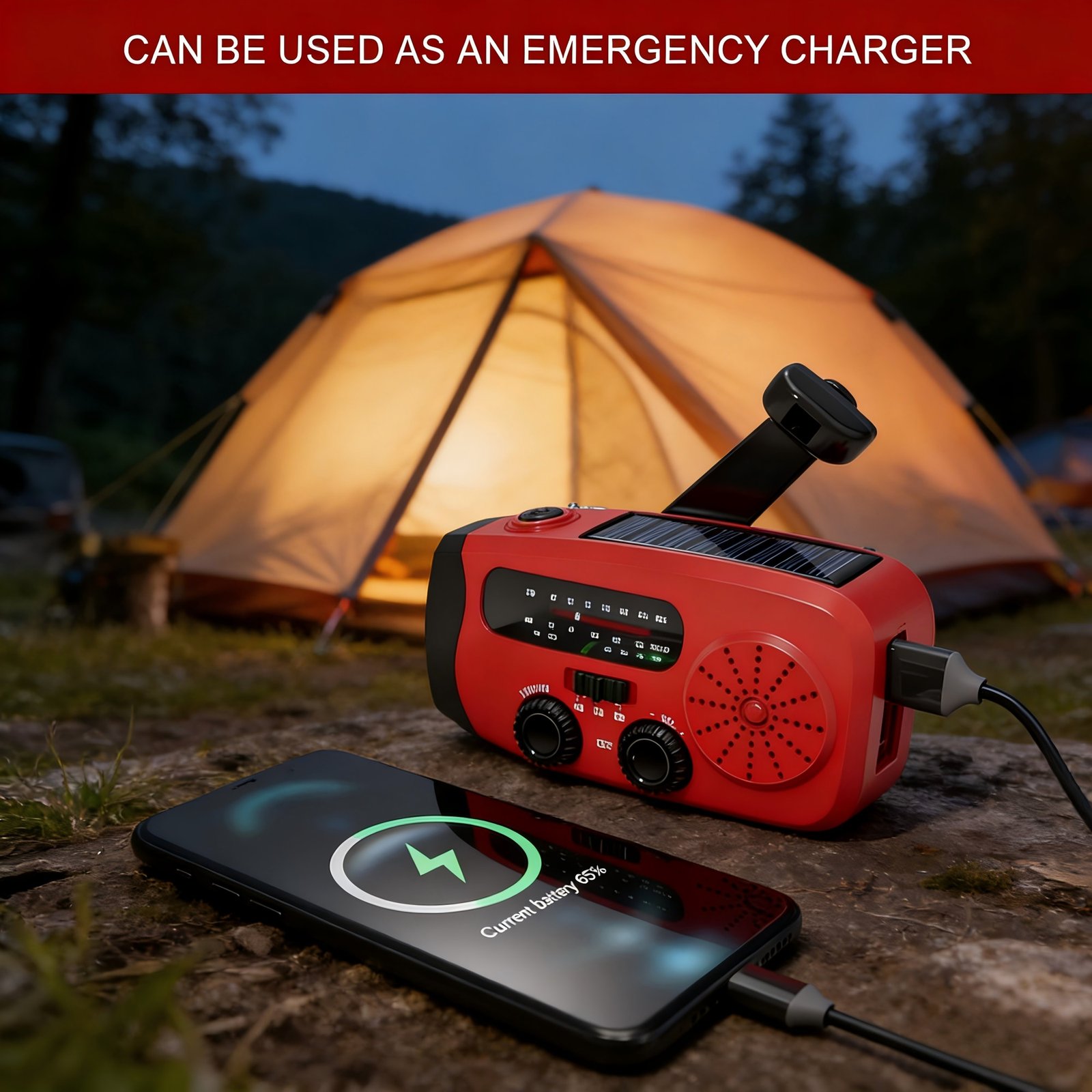 Portable Emergency Radio for Outdoor Camping, Solar Powered, Hand Operated, FM/AM/WB Emergency Weather Radio with Flashlight and USB Phone Charger, Red - Image 12