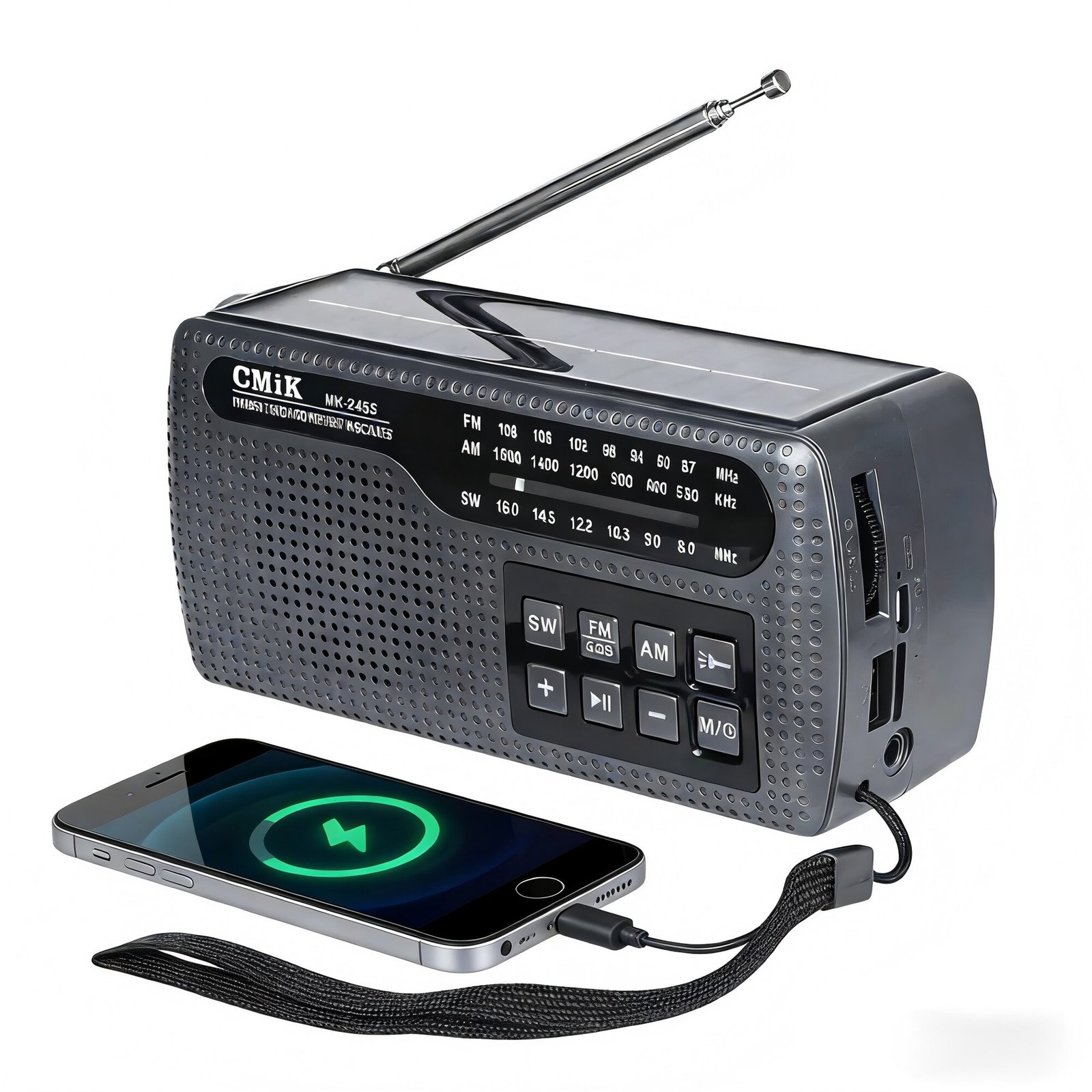 MK-245S portable camping radio, solar powered, rechargeable, with Bluetooth and USB ports, manual power generation, phone charging and built-in light, black - Image 2