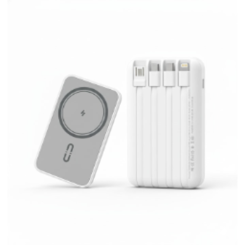 10,000mAh Dual-Sided Magnetic Wireless Power Bank (White) — Supports 15W Wireless Fast Charging, Features 4 Built-in Cables, and Serves as a Multifunctional Power Bank.