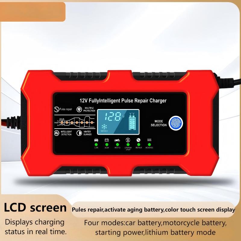 Universal Intelligent Battery Charger — 12V, Pulse Repair Technology, LCD Digital Display — Suitable for Cars, Motorcycles, and Start-Stop Batteries — Multiple Protection Modes